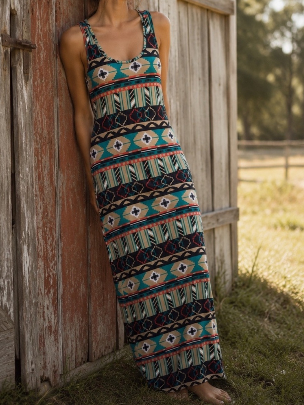 NWOT Love Ari Black Aztec Boho Whimsy Print Maxi Dress Size Large